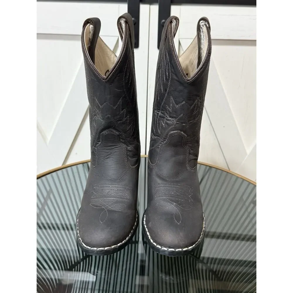 Old West 1151 Kids Brown Leather Western Cowboy Boots Embroidered Size 10.5